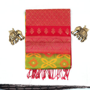 TISK25022 - Pure Ikat silk with Jacquard Jari butta - Green Silk Saree with Red Zari Border | Traditional Handloom Saree