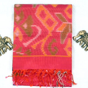 TISK25022 - Red Orange Ikat Silk Saree with Silver Zari Border with Ikat blouse| Handloom Festive Saree