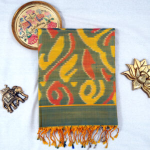 TISK25023 - Green Ikat Silk Saree with Yellow Motifs & Silver Zari Border with Ikat blouse| Handloom Saree