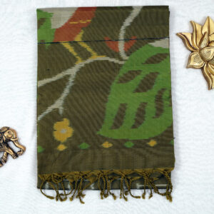 TISK25024 - Olive Green Ikat Silk Saree with Peacock pallu & Geometric Motifs | Handloom Saree