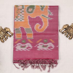 TISK25015 - Pink ikat silk saree with elephant motif pallu - Karai kommai design