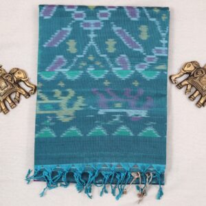 TISK25017 - Teal blue silk saree with circular motifs, multicolour ikat pallu, and ikat blouse.