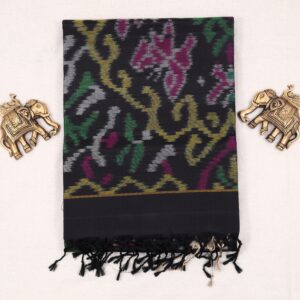 TISK25018 - Black ikat silk saree with multicolour temple motifs, zari border and ikat blouse