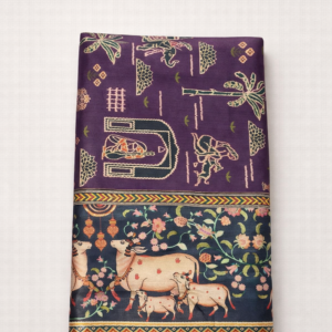 TST25058 - Semi-Tussar Purple traditional cow motif printed saree